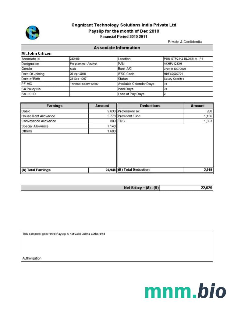 Indie COGNIZANT Technology Solutions India Private Ltd payslip w formatach Word i PDF
